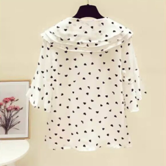 Women's Heart Print Layered Sailor Collar Butterfly Short Sleeves Blouse Shirt - Picture 5 of 9